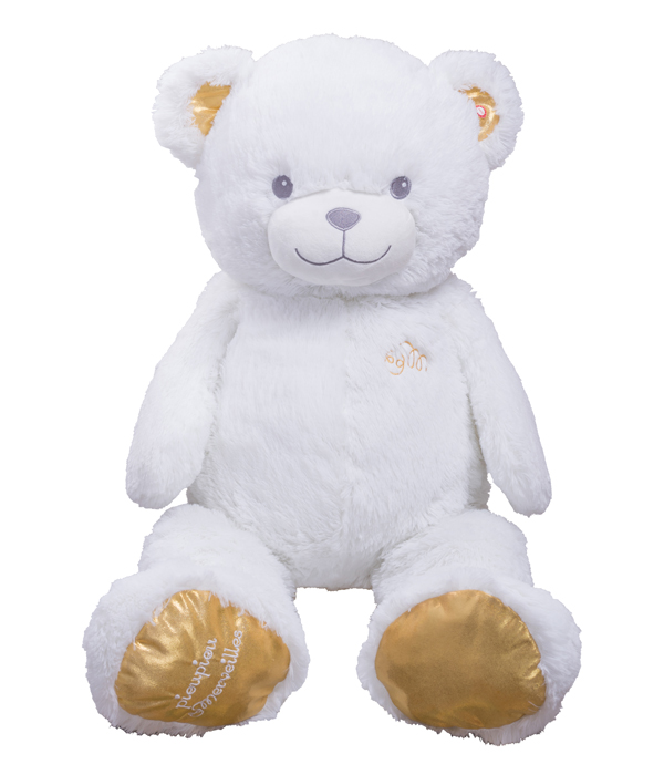 GIANT BEAR MADE OF WHITE PLUSH WITH GOLDEN ELEMENTS - 100 CM