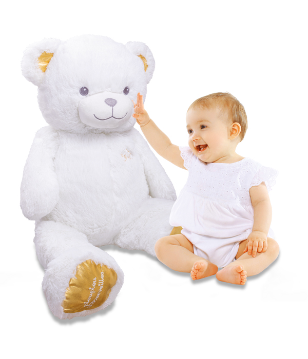 GIANT BEAR MADE OF WHITE PLUSH WITH GOLDEN ELEMENTS - 100 CM