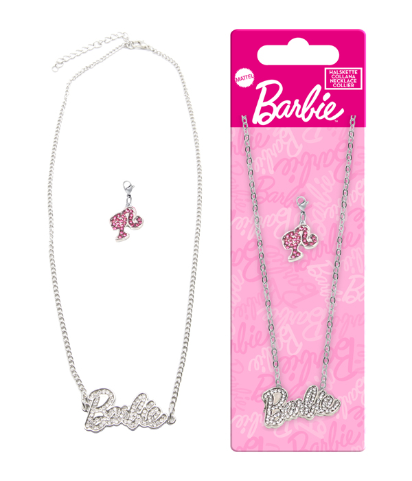 BARBIE HALSKETTE AUS METALL MIT BARBIE LOGO AUS GLITZERSTEINEN UND CHARM 