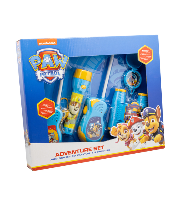 PAW PATROL ADVENTURESET 5 TEILE BESTEHEND AUS: WALKIE TALKIES (BATTERIE 6X AA NICHT ENTHALTEN), FERNGLAS, KOMPASS UND TASCHENLAMPE (BATTERIE 2X AAA NICHT ENTHALTEN) IN GESCHENKVERPACKUNG 38,6X5,5X28,7 CM