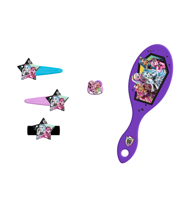 MONSTER HIGH SCHMUCKSCHATULLE MIT ACCESSOIRES: BÜRSTE, 2 HAARSPANGEN, RING, ARMBAND MIT GLITZERSTEINEN, ZÖPCHENHÄLTER 