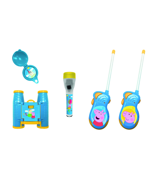 PEPPA PIG ADVENTURESET 5 TEILE BESTEHEND AUS: WALKIE TALKIES (BATTERIE 6X AA NICHT ENTHALTEN), FERNGLAS, KOMPASS UND TASCHENLAMPE (BATTERIE 2X AAA NICHT ENTHALTEN) IN GESCHENKVERPACKUNG 38,6X5,5X28,7 CM