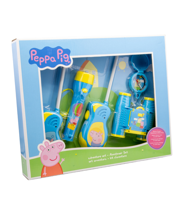 PEPPA PIG ADVENTURESET 5 TEILE BESTEHEND AUS: WALKIE TALKIES (BATTERIE 6X AA NICHT ENTHALTEN), FERNGLAS, KOMPASS UND TASCHENLAMPE (BATTERIE 2X AAA NICHT ENTHALTEN) IN GESCHENKVERPACKUNG 38,6X5,5X28,7 CM