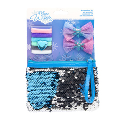 MAGIC WINTER SET WITH 6 ELASTIC BANDS, 2 HAIR CLIPS WITH GLITTERY BOW AND BEAUTY BAG WITH MAGIC SEQUINS ON CARD 14.5X2X21 CM