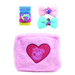 SET PEPPA PIG CON 6 ELASTICI, 2 FERMAGLI PER CAPELLI IN PELUCHE E BEAUTY BAG IN PELUCHE SU CARTONCINO 14,5X2X21 CM